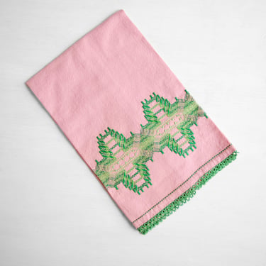 Vintage Pink and Green Embroidered Dish Towel or Tea Towel, Huck Towel 