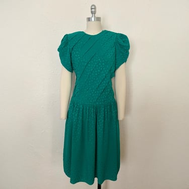 1980s Emerald Silk Drop Waist Dress, Small to Medium | 80s Vintage Green Pleated Bodice Tulip Sleeve Dress ( S, M, 41-36-34) 