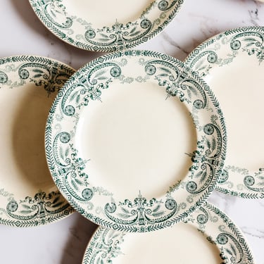 antique French Longwy transferware dinner plates, set of four