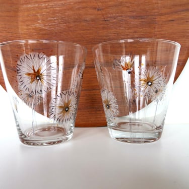 Set of 4  Etched Dandelion Cocktail Glasses, Vintage 10oz  Hand Painted Drinking Tumblers 