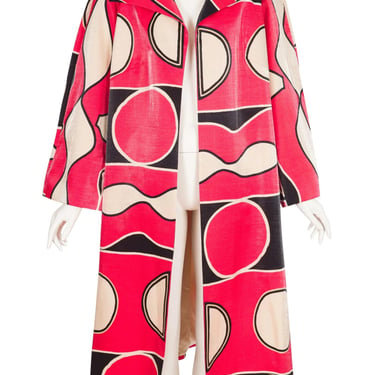 Louis Féraud 1990s Vintage Pink Geometric Print Collared Swing Overcoat 