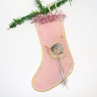 Antique Victorian Pink Christmas Stocking with Angel and Tinsel Candy Container Ornament 