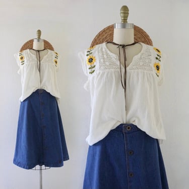 70s billowy embroidered blouse - m - vintage cotton sunflower boho bohemian hippie shirt top size medium 