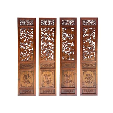 4 Pcs Chinese Brown Stain Lotus Pond Ducks Fishes Wood Panel Floor Screen ws3799E 