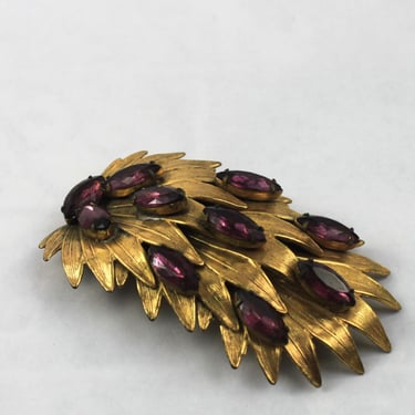 Art Deco Jeweled Dress Fur Clip Brushed Multi Leaf Amethyst Glass 
