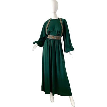 70s Joy Stevens Maxi Dress / Vintage Emerald Metallic Dress / 1970s Disco Draped Party Gown XS 