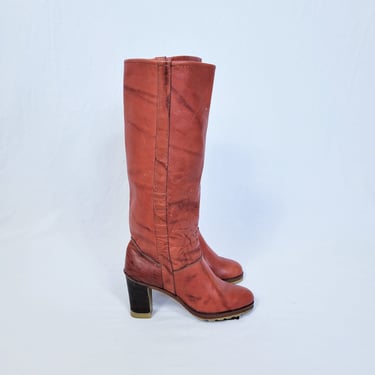 1970's Rust Leather Tall Chunky Boots I Sz 7.5