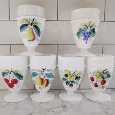1950's Vintage Westmoreland Handpainted Fruit Beaded Ring Footed Milk Glass White Tumblers Goblets Sherbet Cups  Made in USA 