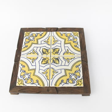 4 Tile Mexican Carved Wood Trivet (Blue, Yellow and White design) 