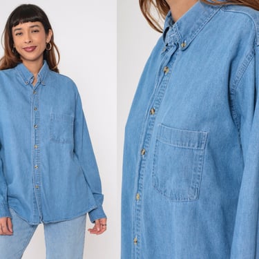 90s Denim Shirt Blue Jean Button Up Blue Grunge Long Sleeve Boyfriend Shirt Chambray Simple Chest Pocket Cotton Vintage 1990s Men's Large 