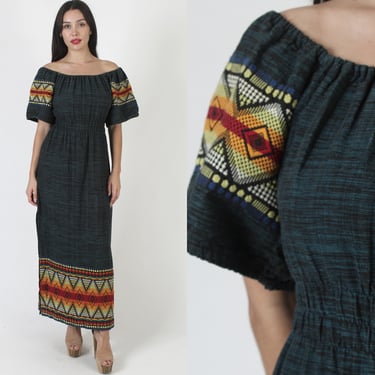Green Guatemalan Aztec Print Dress / Off The Shoulder Dress From Guatemala / Woven Mexican Ethnic Diamond Embroidered 