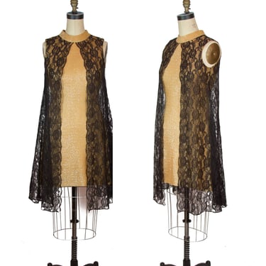 Vintage 1960s Dress ~ Gold Lurex Wiggle Cocktail Dress with Black Lace Tent Dress Overlay 