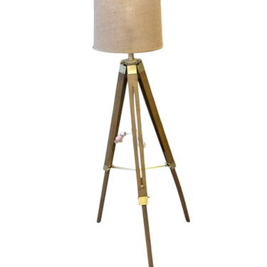 Tripod standing lamp w/ burlap shade (10.25&quot; diam.), 57.75&quot; h