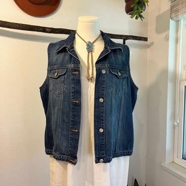 Vintage 90s Old Navy Dark Wash Cotton Denim Button Front Vest Size Large 
