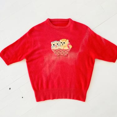 1960s Red Cashmere Sweater with Embroidered Cats in a Basket Motif 
