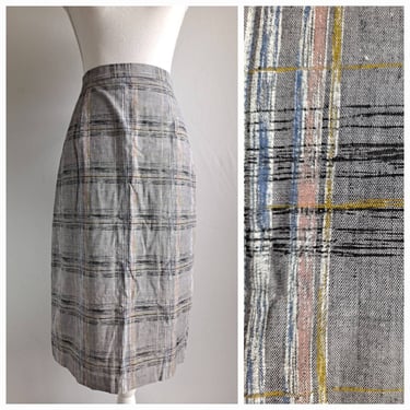 Vintage Late 1970's Early 1980's Cotton/Polyester Gray Plaid High Waist Midi Skirt 26.5" Waist 
