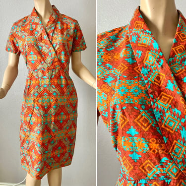 Vintage Sheath Dress, Southwest Print, Turquoise and Teal, Wrap Front, Cotton, 70s 80s 