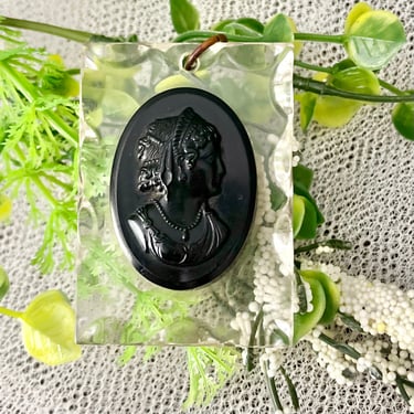 Black Lucite Cameo Pendant, Sculptural, Clear Mod Setting, Intaglio, Carved Cameo, Vintage Statement Jewelry 
