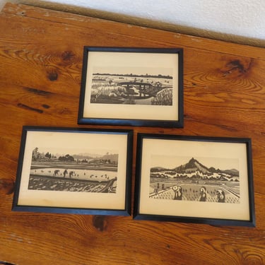 Vintage Gihachiro Okuyama Prints Matted Framed 4 Woodblock Prints Japan Mid Century 
