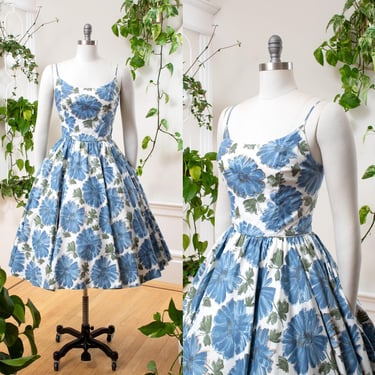 Vintage 1950s Sundress | 50s Blue Floral Print Cotton Circle Skirt Spaghetti Strap Fit and Flare Midi Day Dress | small 