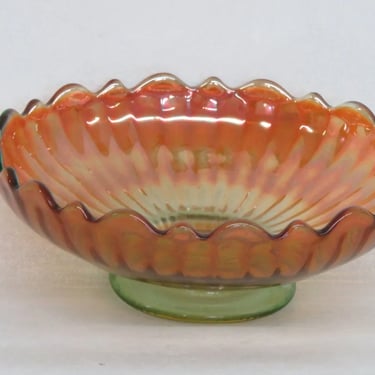 Carnival Glass Marigold and Green Ribbed Sawtooth Rim Candy Dish Bowl 3339B