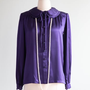 Vintage 1970's Valentino Silk Blouse In Aubergine / Size SM