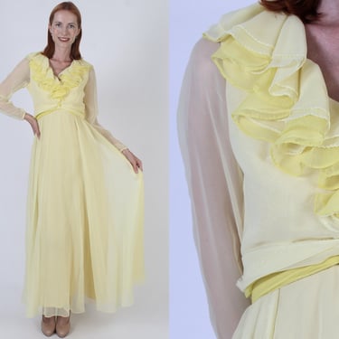 Miss Elliette Sunflower Yellow Chiffon Dress, Long Draped Full Maxi Skirt / Avant Garde Cocktail Party Designer Gown 