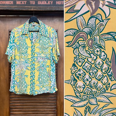Vintage 1940’s “Shaheen’s” Brand Vertical Print Rayon Hawaiian Shirt, 40’s Loop Collar Shirt, Vintage Pineapple Print, Vintage Clothing 