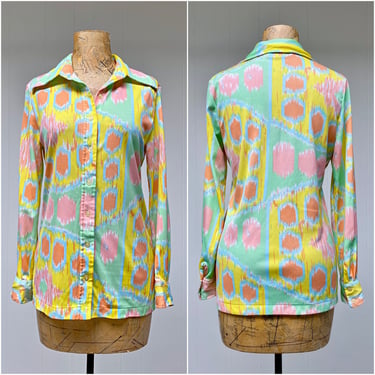 Vintage 1970s Bright Abstract Print Blouse, 70s Long Sleeve Slim Fit Polyester Shirt, Medium 36" Bust 