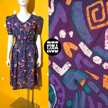 Cool Vintage 80s Purple Geometric Aztec Vibes Patterned Cotton Puff Sleeve Dress by Tabby 