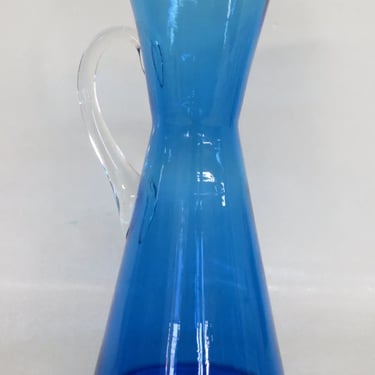 Tall Hand Blown Mid Century Style Glass Blue Pitcher with Clear Handle 2925B