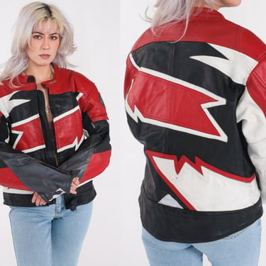 Leather Motorcycle Racing Jacket Y2K AGV Sport Motocross Jacket Red White Black Biker Jacket Padded Moto Coat Vintage Retro Men's 42 