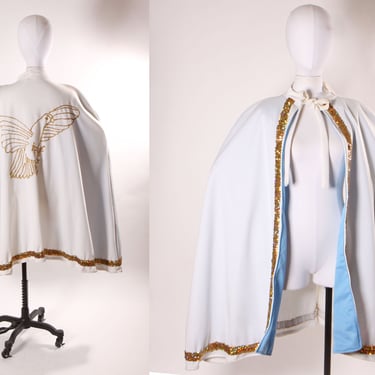 1970s 1980s White, Blue and Gold Novelty Embroidered Gold Trim Eagle Elvis Impersonater Costume Cape 