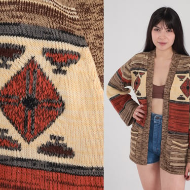 70s Cardigan Striped Open Front Knit Sweater Wide Sleeve Cream Red Brown Space Dye Geometric Medallion Print Acrylic Vintage 1970s Medium M 