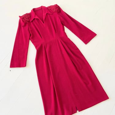 1940s Cranberry Red Wool Dress with Textured Shoulders 