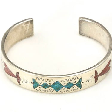 Vintage Navajo Design Inlaid Turquoise & Coral Silver Cuff Bracelet Southwestern 