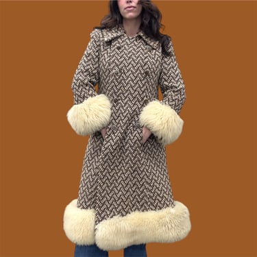 Vintage Coat Retro 1970s Penny Lane + No Size Tag + As Is + Wool + Tweed + Shearling + Long Length + Bohemian + Womens Outwear 
