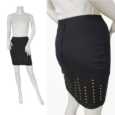1990's Black Gold Stud Lycra Blend Short Stretch Mini Skirt I Sz Sm I Dina Barel -Hi Tech 