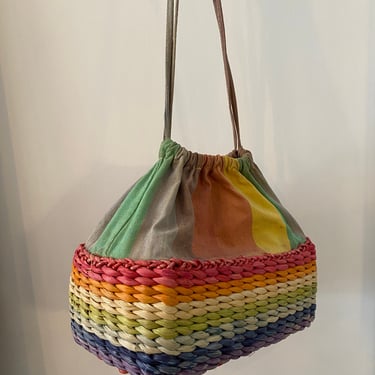 vintage basket purse, drawstring, 1940s style bag, rainbow print, summer purse, 90s does 40s. sun and sand, box purse, striped handbag, vlv 