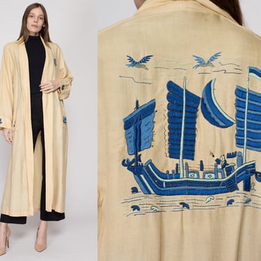 Medium 1930s Chinese Embroidered Silk Souvenir Robe, As Is | Vintage 30s Unisex Monogrammed Long Ivory Kimono Jacket 