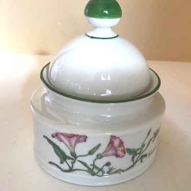 Vintage Seftmann Weiden porcelain lidded trinket dish- Sugar Bowl with Morning Glory- Green Trim 