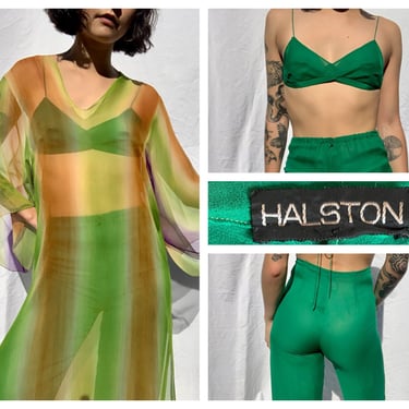 1970's Halston Bra Trousers and Tie Dye Tunic Blouse Set / Kelly Green Silk Chiffon Disco Era Suit Set / Studio 54 High Waist Pants and Bra 