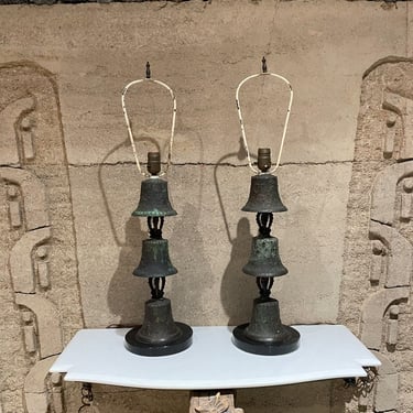 Modern Regency Bronze Mejico Bell Table Lamps on Marble Base 1940s Guadalajara 