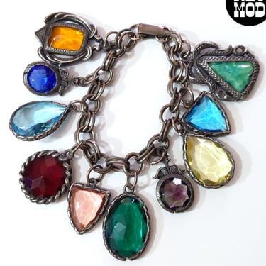 Beautiful Vintage 60s 70s Colorful Faceted Glass Charm Bracelet 