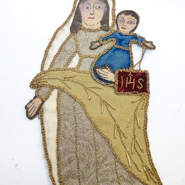 1800's French Embroidery Virgin Mary holding Baby Jesus, Oil on Canvas Face & Hands, Antique Nuns Work, Church Banner 