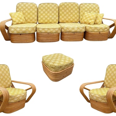 Restored 5-Strand Square Pretzel Rattan Chair & Sofa Livingroom Set by Tochiku 