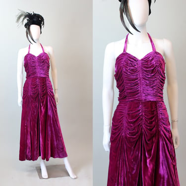 1940s MAGENTA RUCHED velvet halter dress xs | new fall 