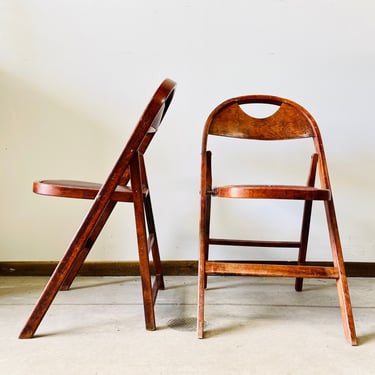 Set of 2 Antique Acme Wood Folding Chairs Acme Chair Company Reading MI | Theater Chairs | Upholstered | Cast Iron | Stackable | Bentwood 