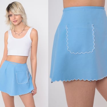 70s Wrap Skirt Light Blue Micro Mini Skirt High Waisted Skirt Plain Scalloped Boho Summer Hippie Retro Vintage 1970s Bohemian Extra Small xs 