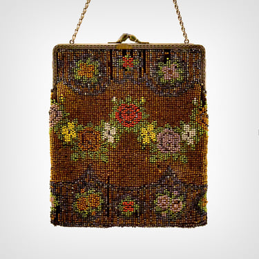 Teens Purse // Early 1910’s Brown Glass Beaded Floral Bag // Antique Handbag / Vintage Purse 
